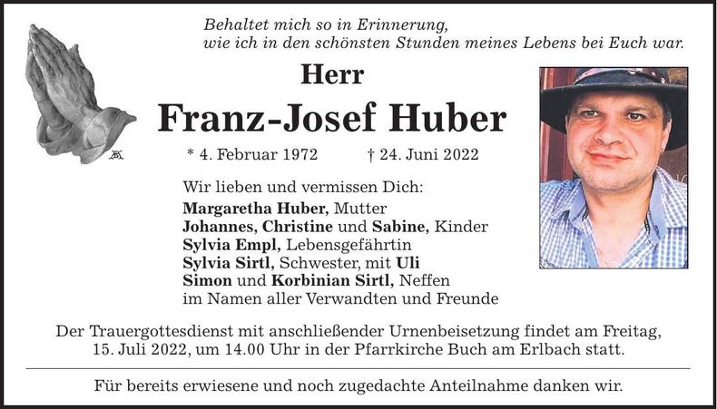 Traueranzeige Franz-Josef Huber