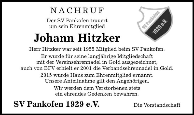 Traueranzeige Johann Hitzker