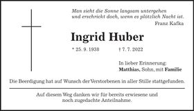 Traueranzeige Ingrid Huber