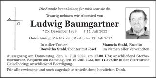 Traueranzeige Ludwig Baumgartner