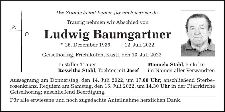 Traueranzeige Ludwig Baumgartner