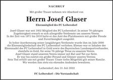 Traueranzeige Josef Glaser