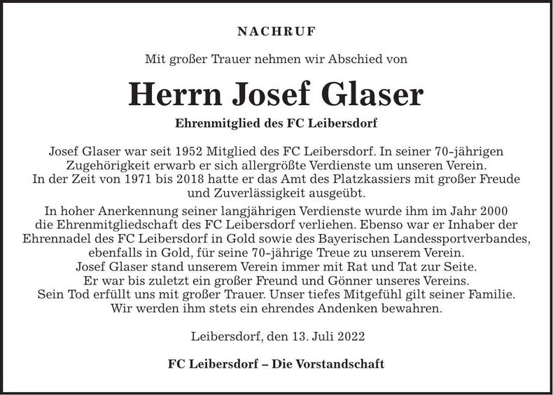 Traueranzeige Josef Glaser