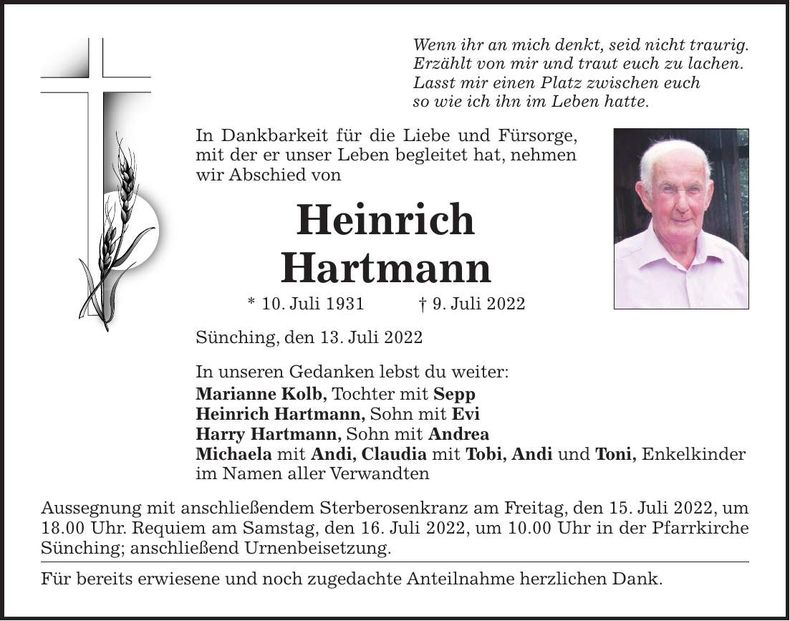 Traueranzeige Heinrich Hartmann