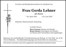 Traueranzeige Gerda Lehner
