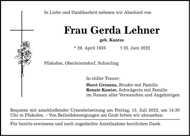 Traueranzeige Gerda Lehner