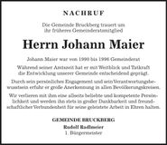 Traueranzeige Fridolin Gehrer