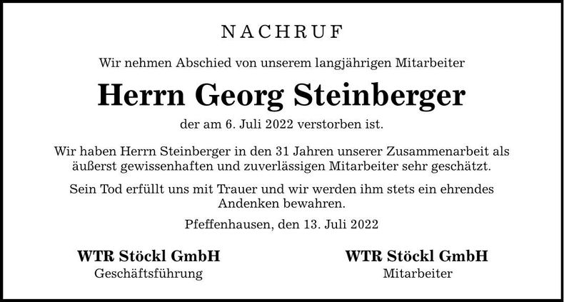 Traueranzeige Georg Steinberger