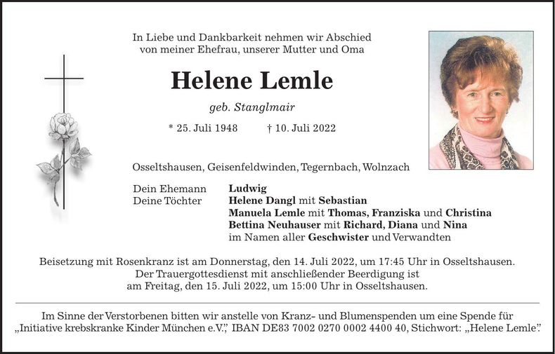 Traueranzeige Helene Lemle