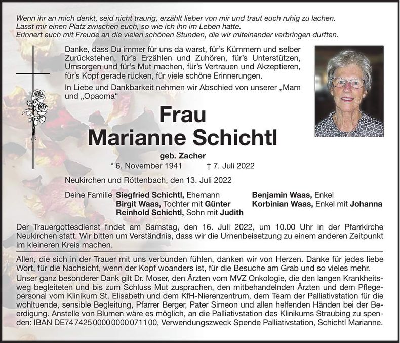 Traueranzeige Marianne Schichtl