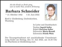 Traueranzeige Barbara Schneider