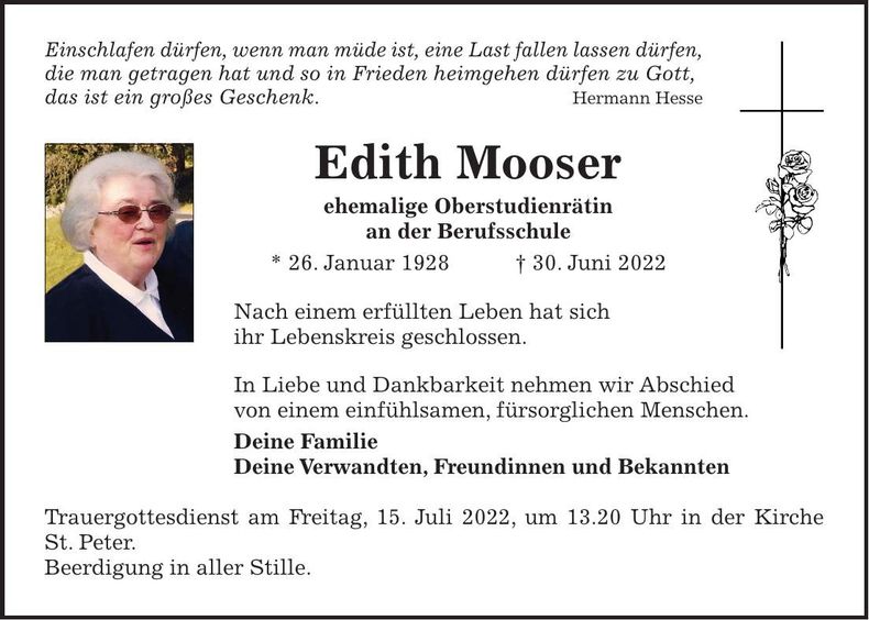 Traueranzeige Edith Mooser