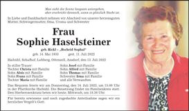 Traueranzeige Sophie Haselsteiner
