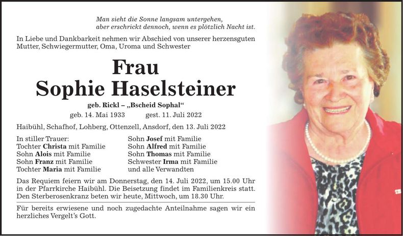 Traueranzeige Sophie Haselsteiner
