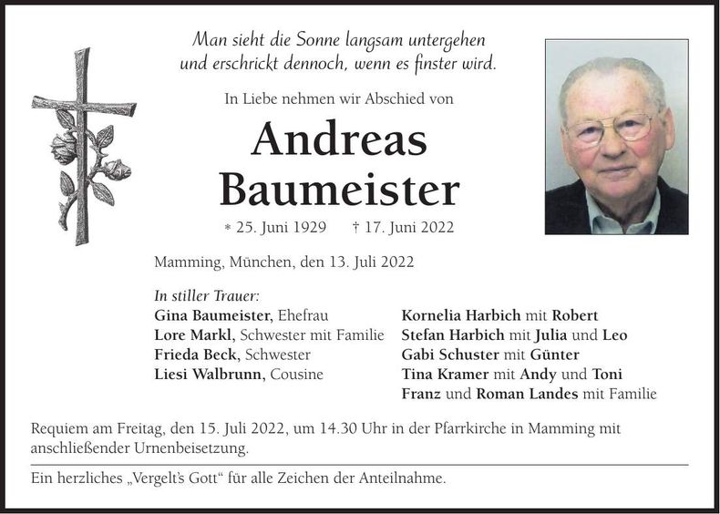Traueranzeige Andreas BAumeister