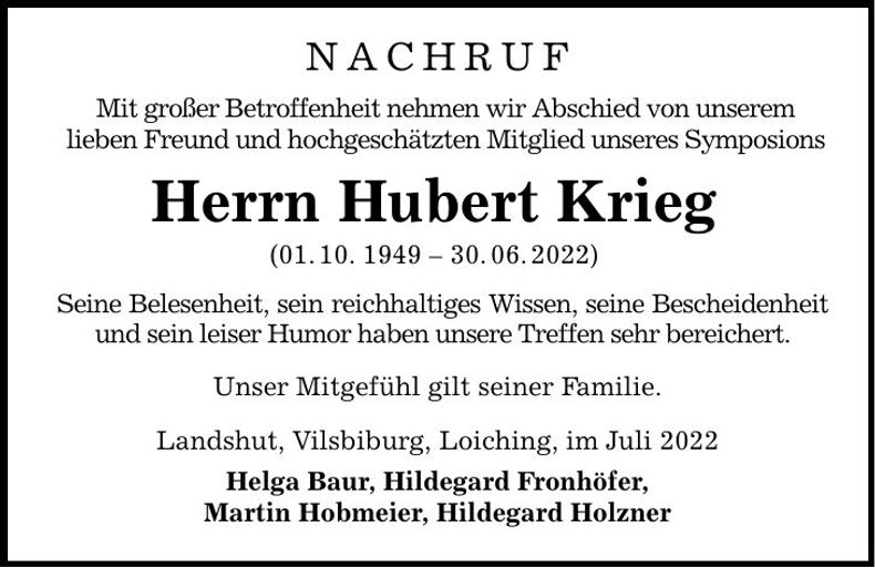 Traueranzeige Hubert Krieg