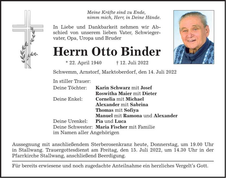 Traueranzeige Otto Binder