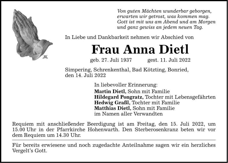 Traueranzeige Anna Dietl