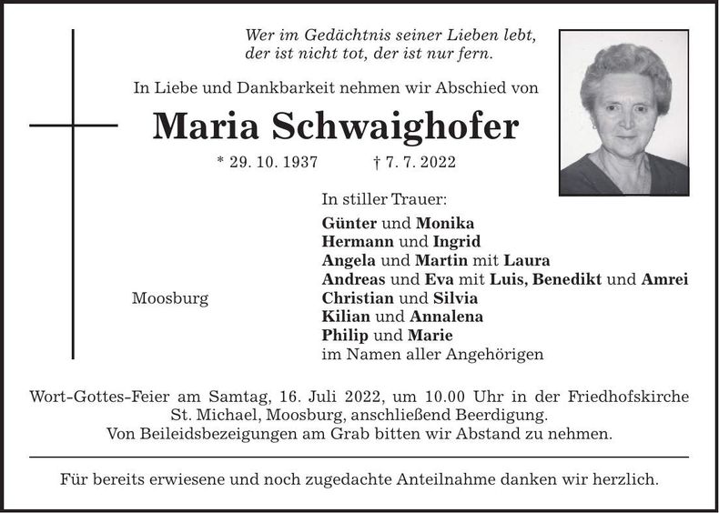 Traueranzeige Maria Schwaighofer