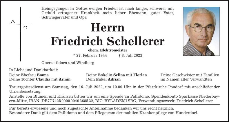Traueranzeige Friedrich Schellerer
