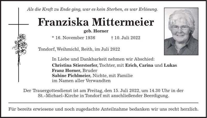 Traueranzeige Franziska Mittermeier