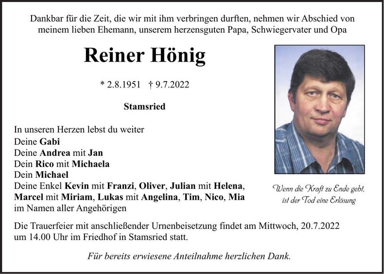 Traueranzeige Reiner Hönig