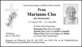 Traueranzeige Marianne Clos