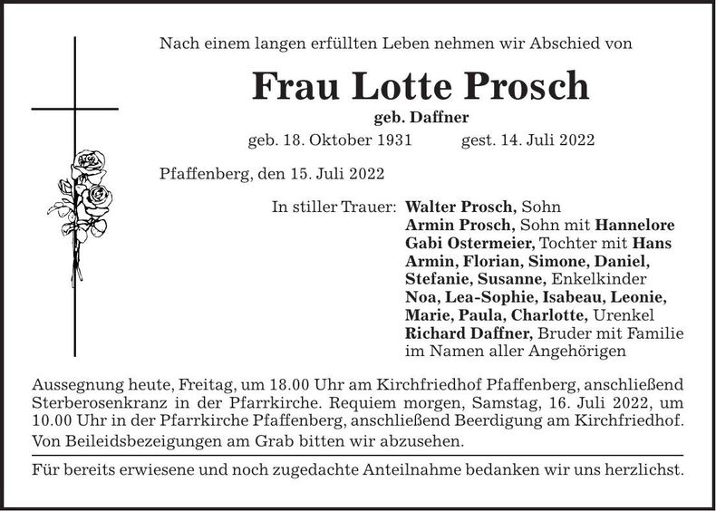 Traueranzeige Lotte Prosch