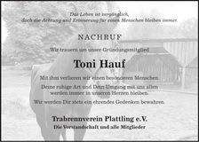 Traueranzeige Toni Hauf