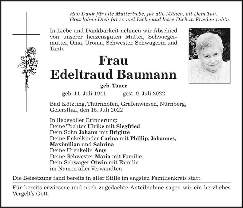 Traueranzeige Edeltraud Baumann