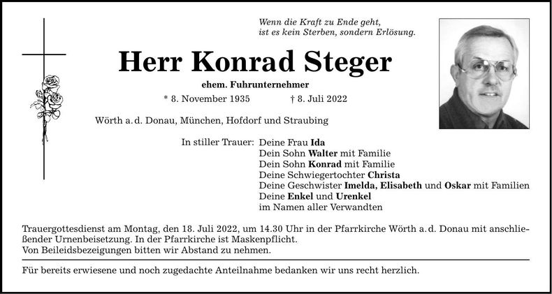 Traueranzeige Konrad Steger