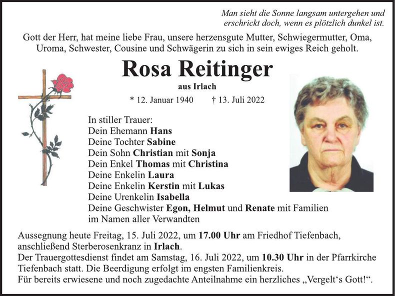 Traueranzeige Rosa Reitinger