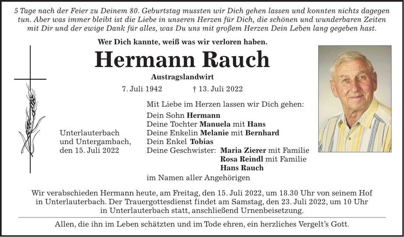 Traueranzeige Hermann Rauch