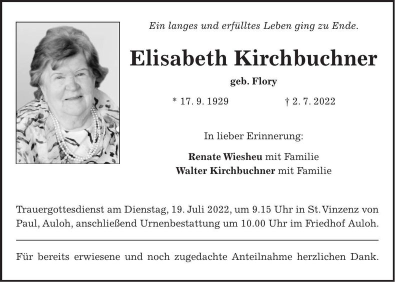 Traueranzeige Elisabeth Kirchbuchner