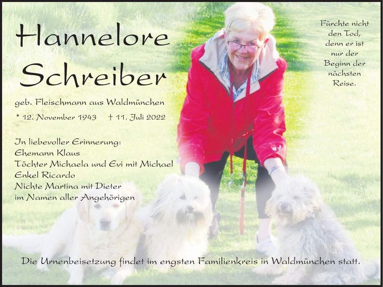 Traueranzeige Hannelore Schreiber