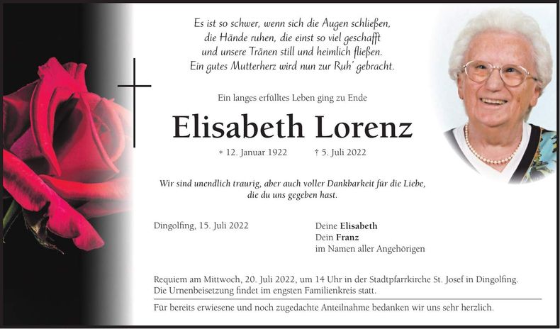 Traueranzeige Elisabeth Lorenz