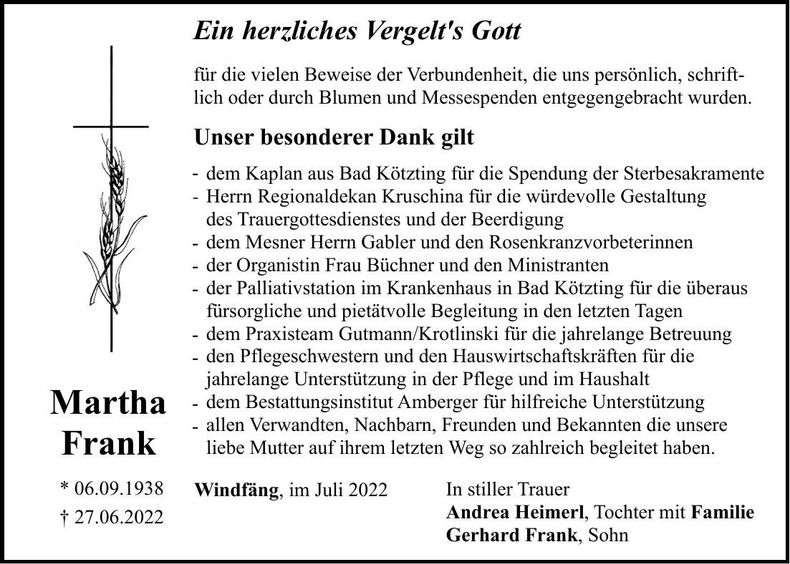 Traueranzeige Martha Frank