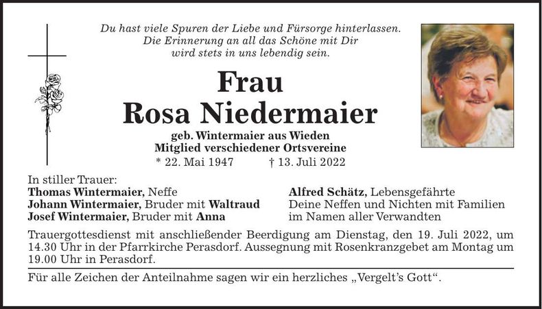 Traueranzeige Rosa Niedermaier