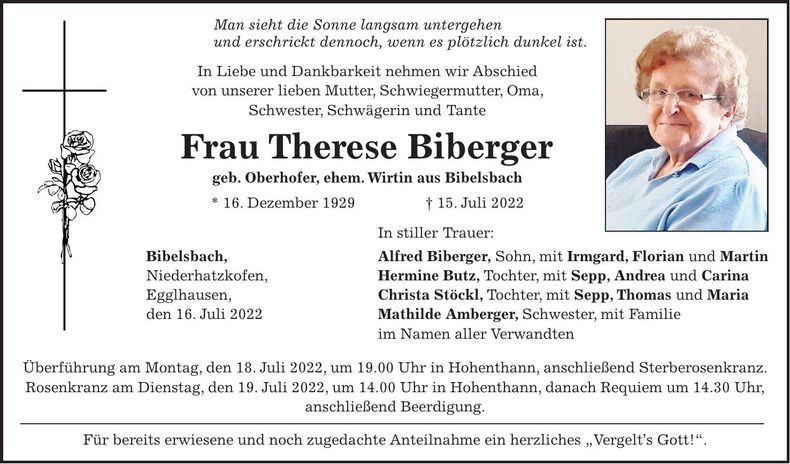 Traueranzeige Therese Biberger