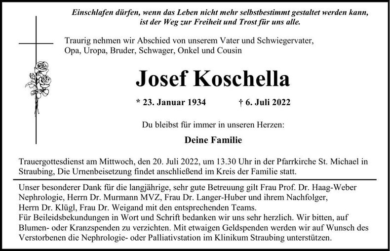 Traueranzeige Josef Koschella