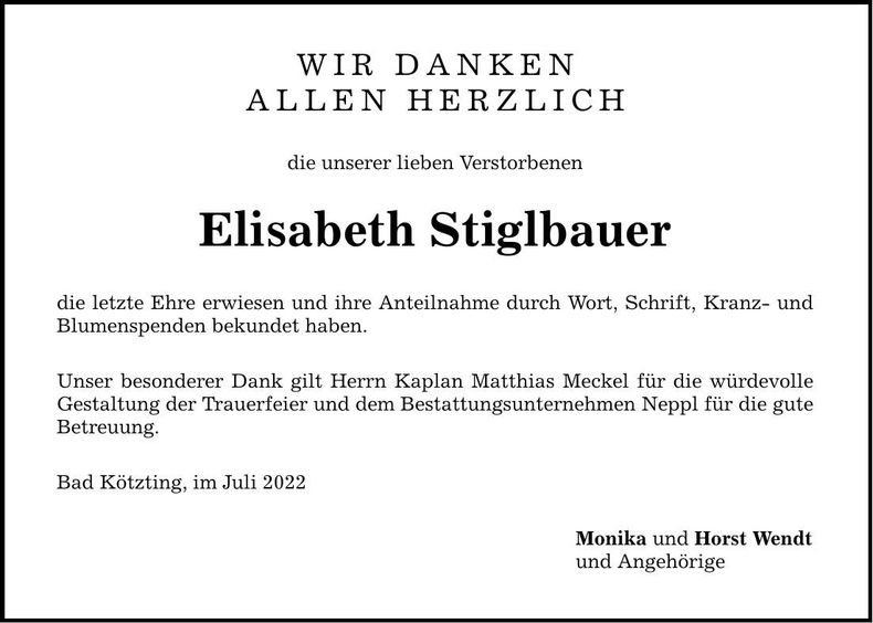 Traueranzeige Elisabeth Stiglbauer