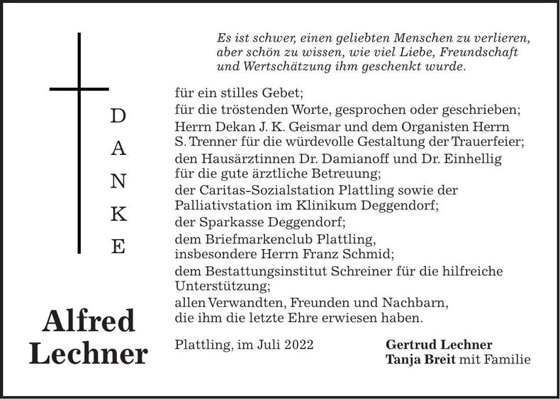 Traueranzeige Alfred Lechner