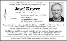Traueranzeige Josef Kroyer