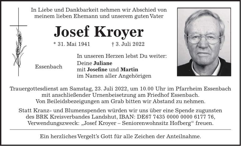 Traueranzeige Josef Kroyer