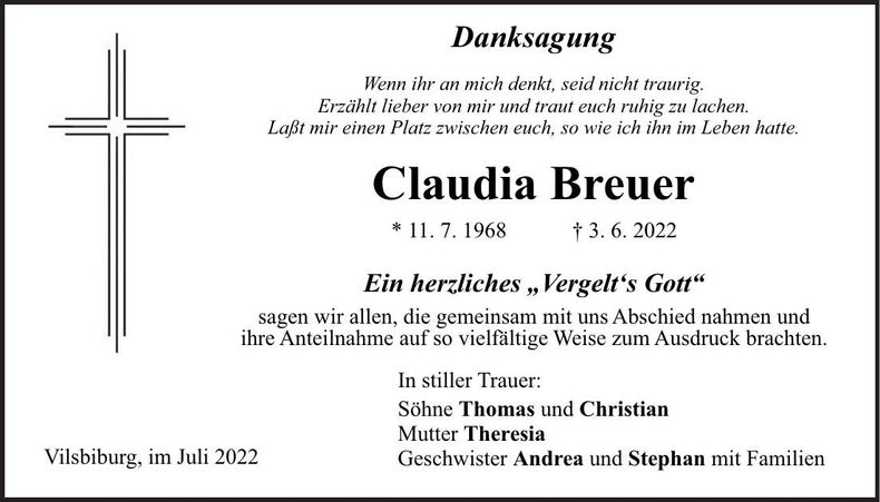 Traueranzeige Claudia Breuer