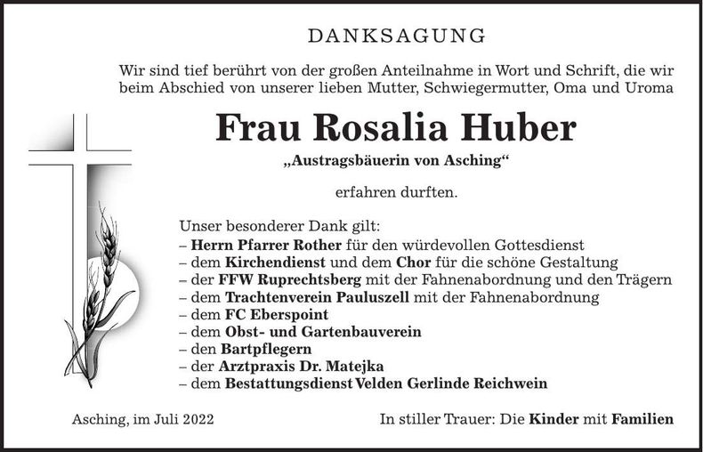 Traueranzeige Rosalia Huber