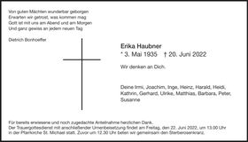 Traueranzeige Erika Haubner