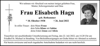 Traueranzeige Elisabeth Hagn