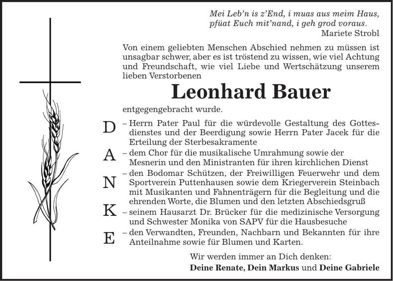 Traueranzeige Leonhard Bauer