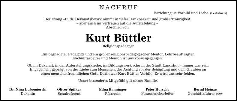 Traueranzeige Kurt Büttler